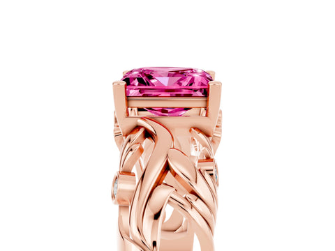 Rose gold Princess Cut Solitaire Pink Sapphire Leaf-Inspired Vine Band Ring with Prong Setting_29