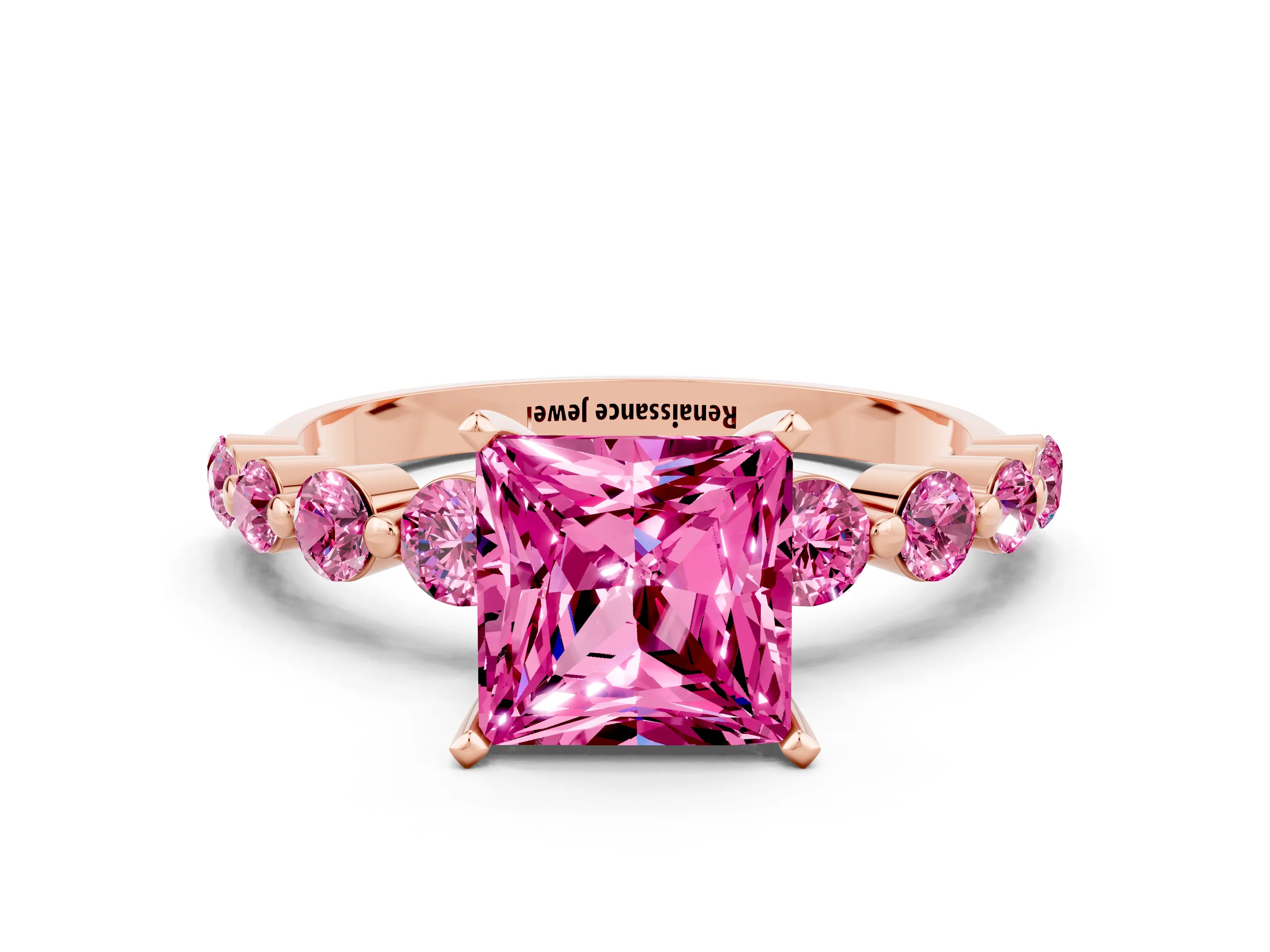 Rose gold Princess Cut Solitaire Pink Sapphire Ring with Pave Band and Four-Prong Setting
