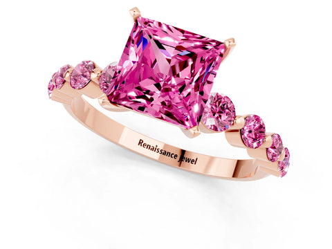 Rose gold Princess Cut Solitaire Pink Sapphire Ring with Pave Band and Four-Prong Setting_1
