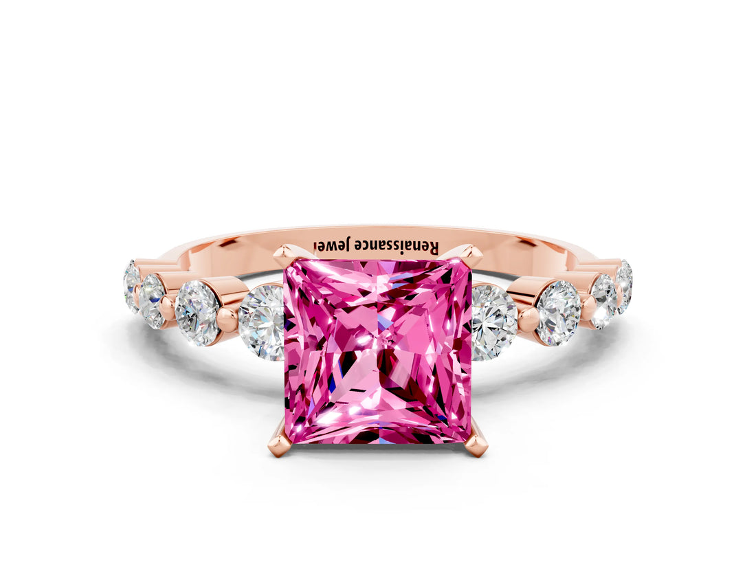Rose gold Princess Cut Solitaire Pink Sapphire Ring with Pave Band and Four-Prong Setting_24