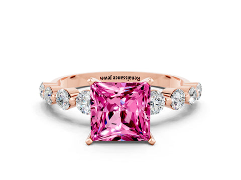 Rose gold Princess Cut Solitaire Pink Sapphire Ring with Pave Band and Four-Prong Setting_24