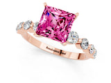 Rose gold Princess Cut Solitaire Pink Sapphire Ring with Pave Band and Four-Prong Setting_25