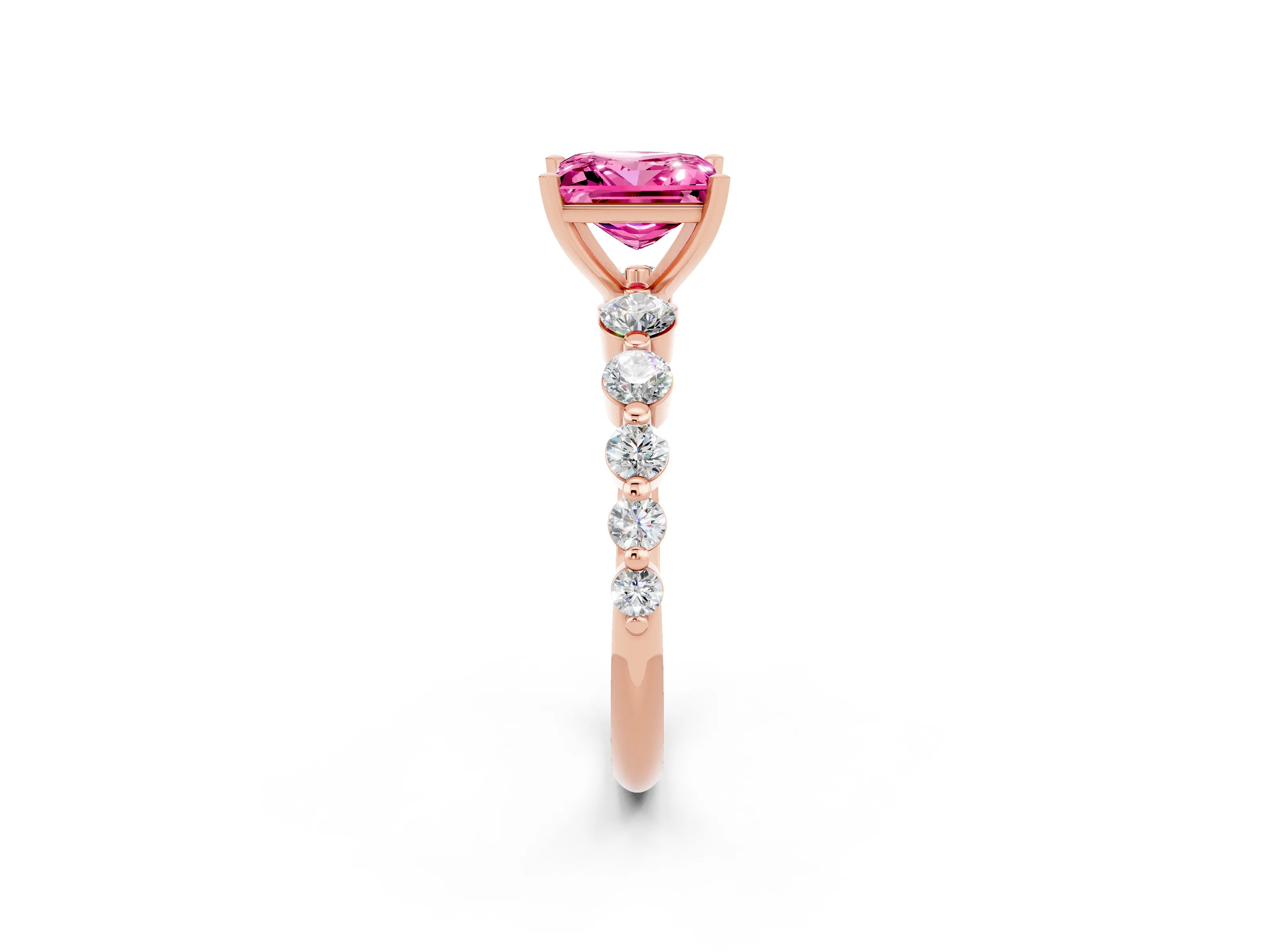 Rose gold Princess Cut Solitaire Pink Sapphire Ring with Pave Band and Four-Prong Setting_26