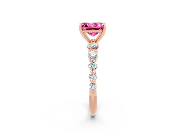Rose gold Princess Cut Solitaire Pink Sapphire Ring with Pave Band and Four-Prong Setting