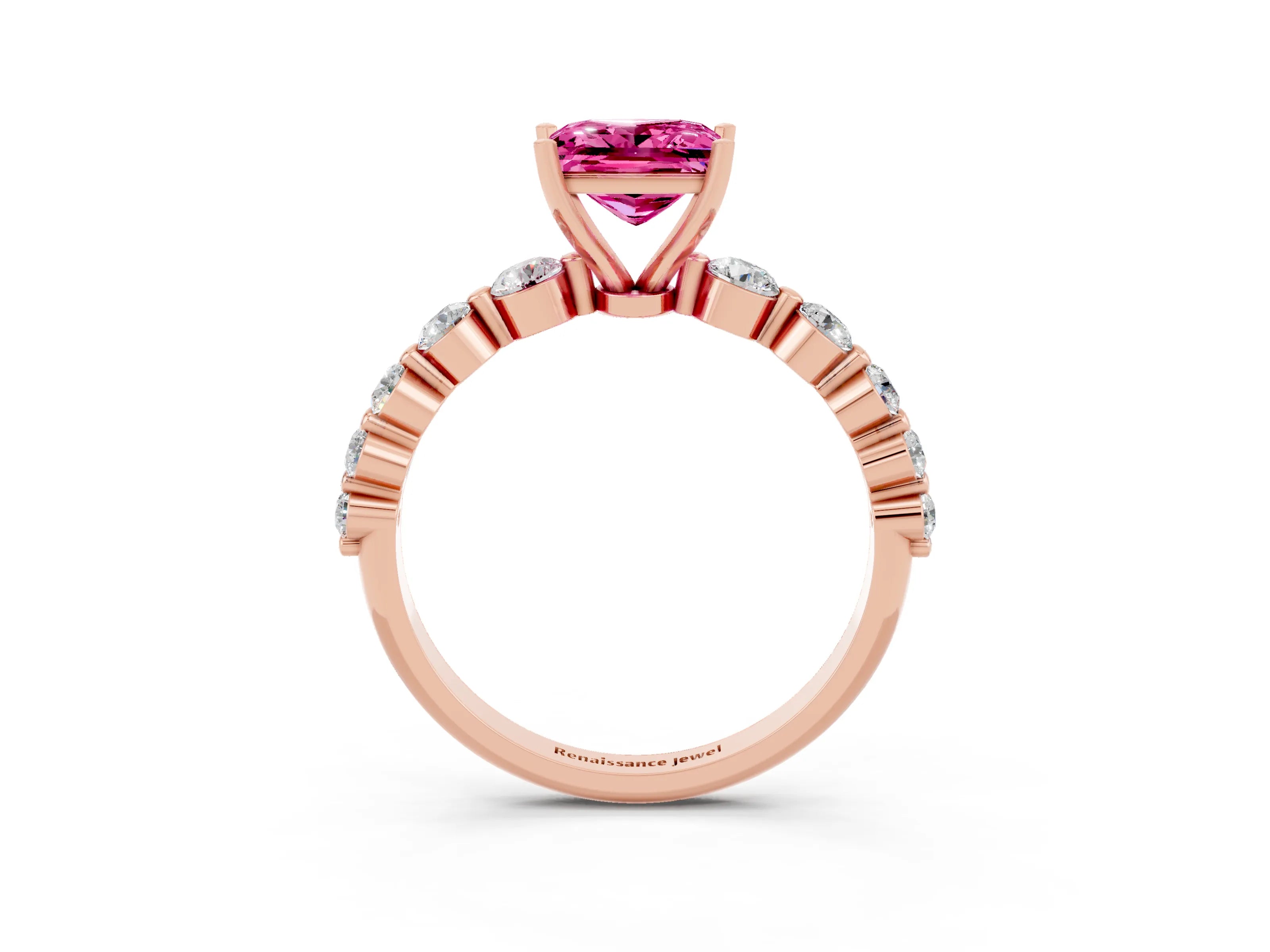 Rose gold Princess Cut Solitaire Pink Sapphire Ring with Pave Band and Four-Prong Setting_27