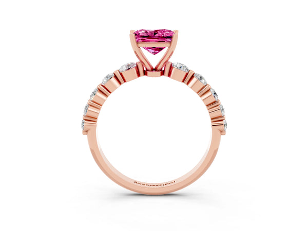 Rose gold Princess Cut Solitaire Pink Sapphire Ring with Pave Band and Four-Prong Setting