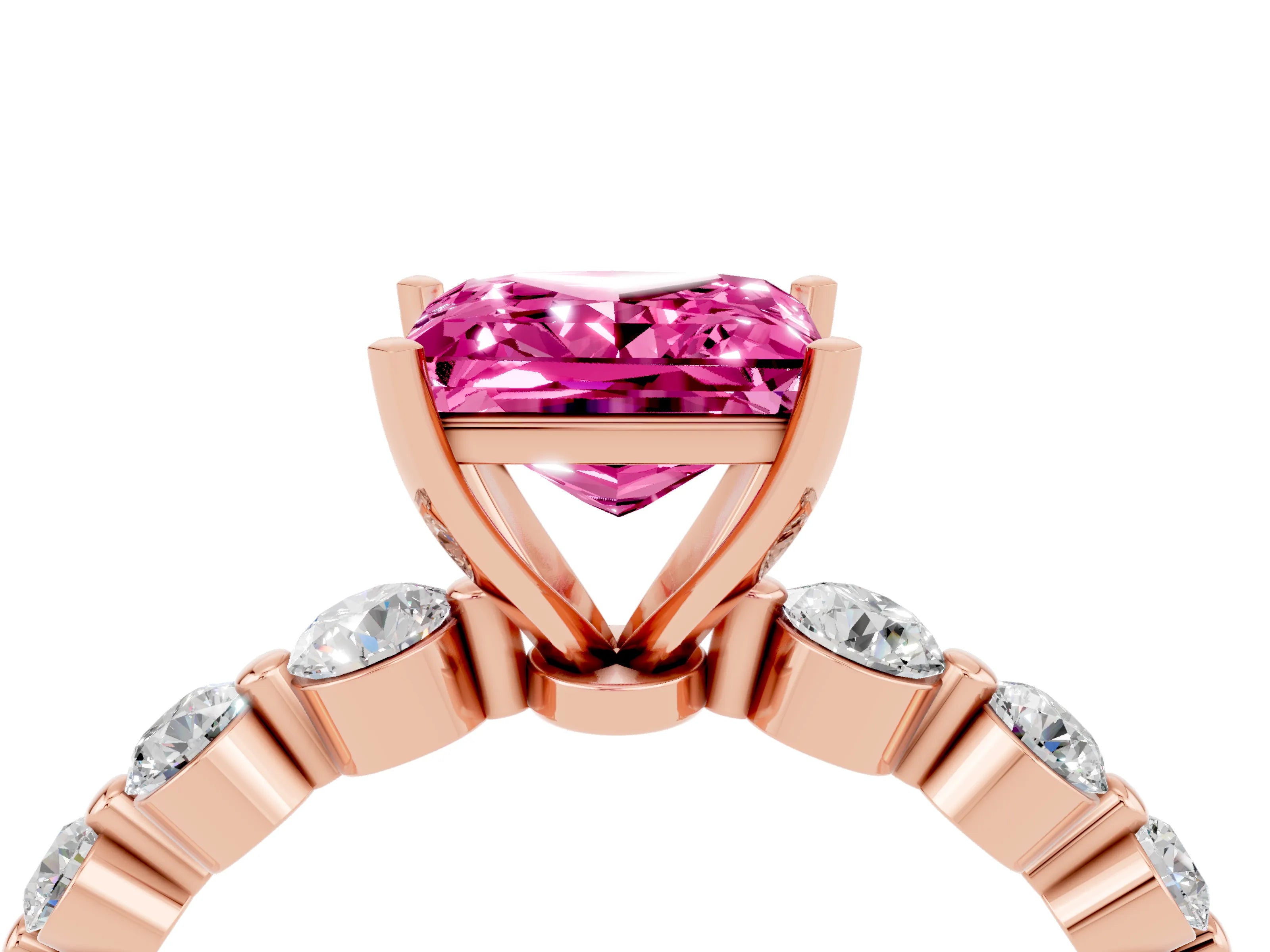 Rose gold Princess Cut Solitaire Pink Sapphire Ring with Pave Band and Four-Prong Setting_28