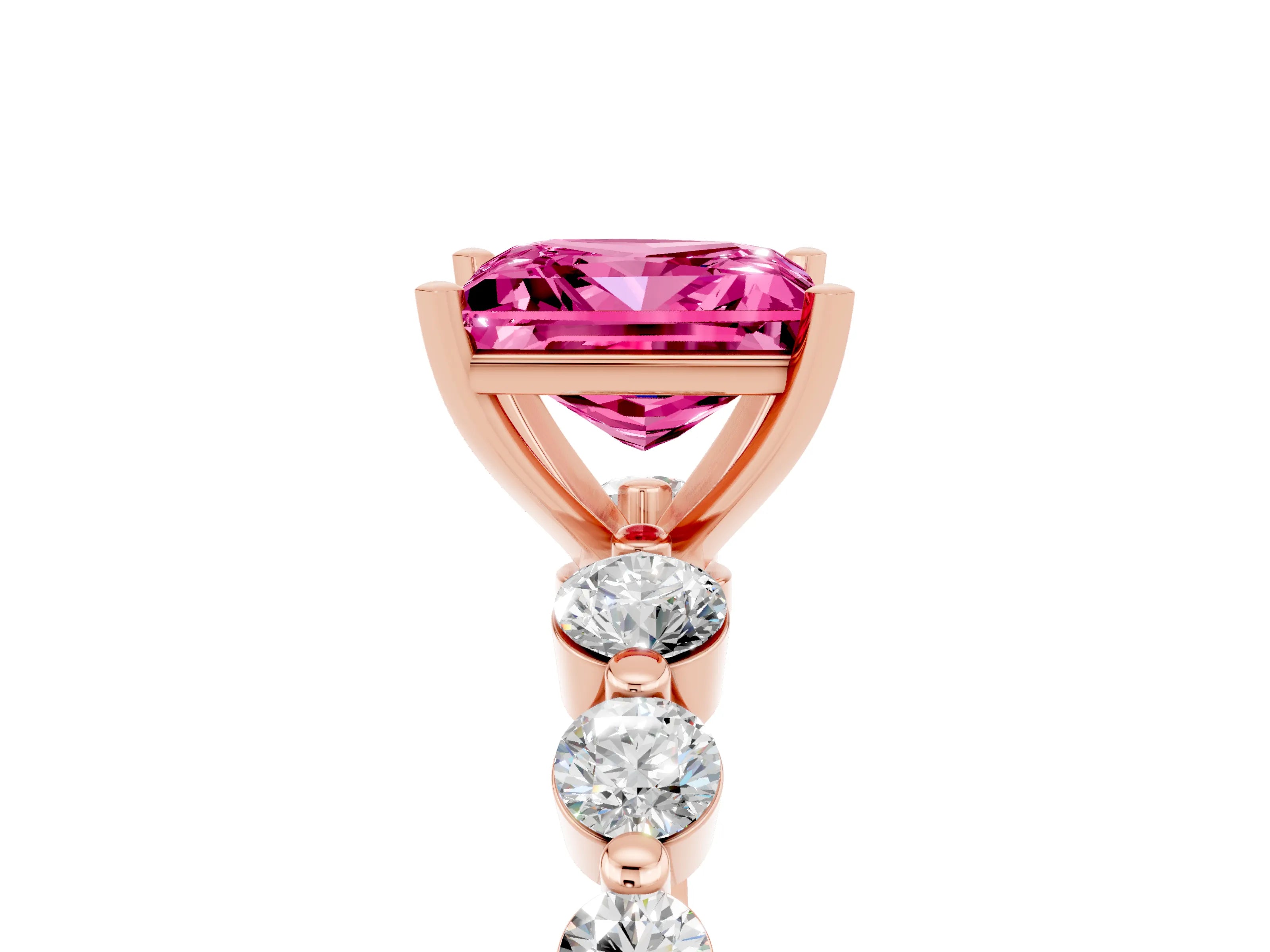 Rose gold Princess Cut Solitaire Pink Sapphire Ring with Pave Band and Four-Prong Setting_29