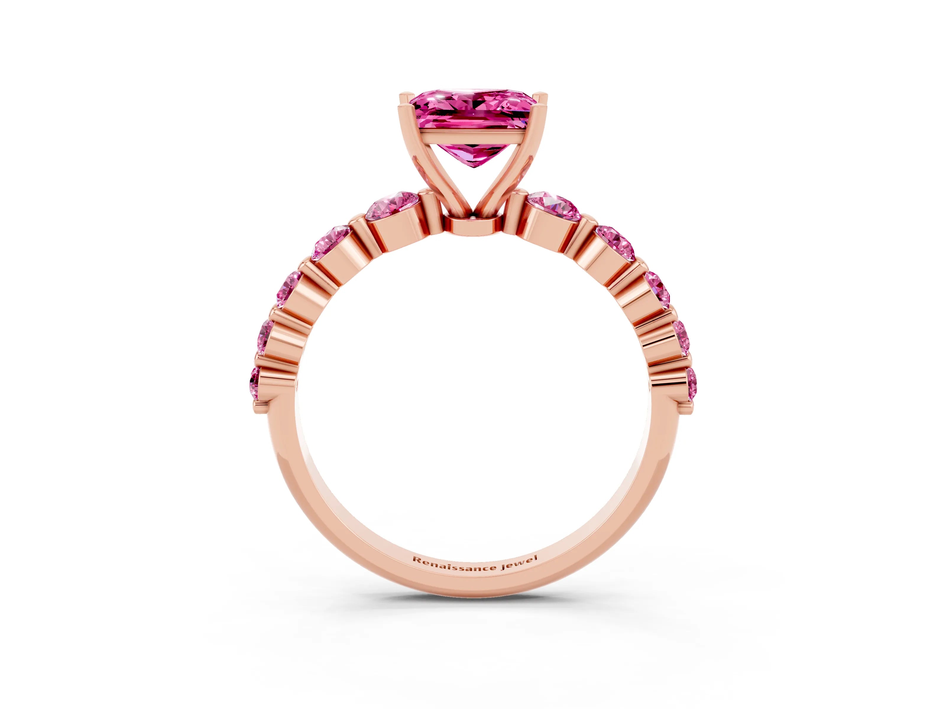 Rose gold Princess Cut Solitaire Pink Sapphire Ring with Pave Band and Four-Prong Setting_3