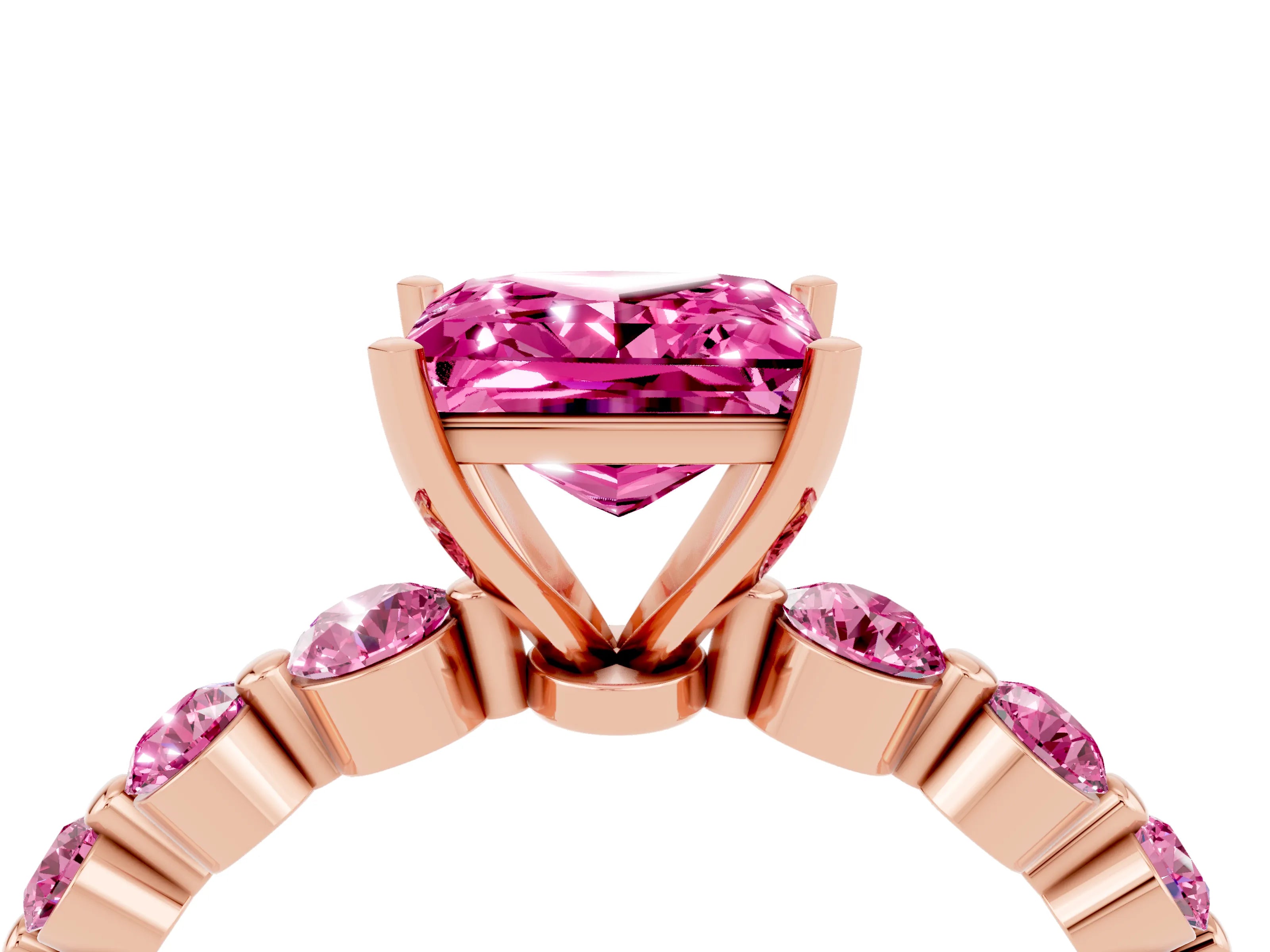 Rose gold Princess Cut Solitaire Pink Sapphire Ring with Pave Band and Four-Prong Setting_4