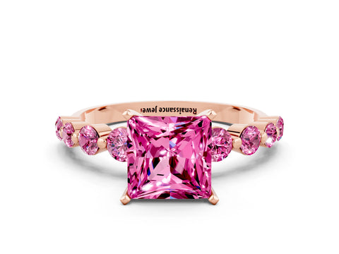 Rose gold Princess Cut Solitaire Pink Sapphire Ring with Pave Band and Four-Prong Setting