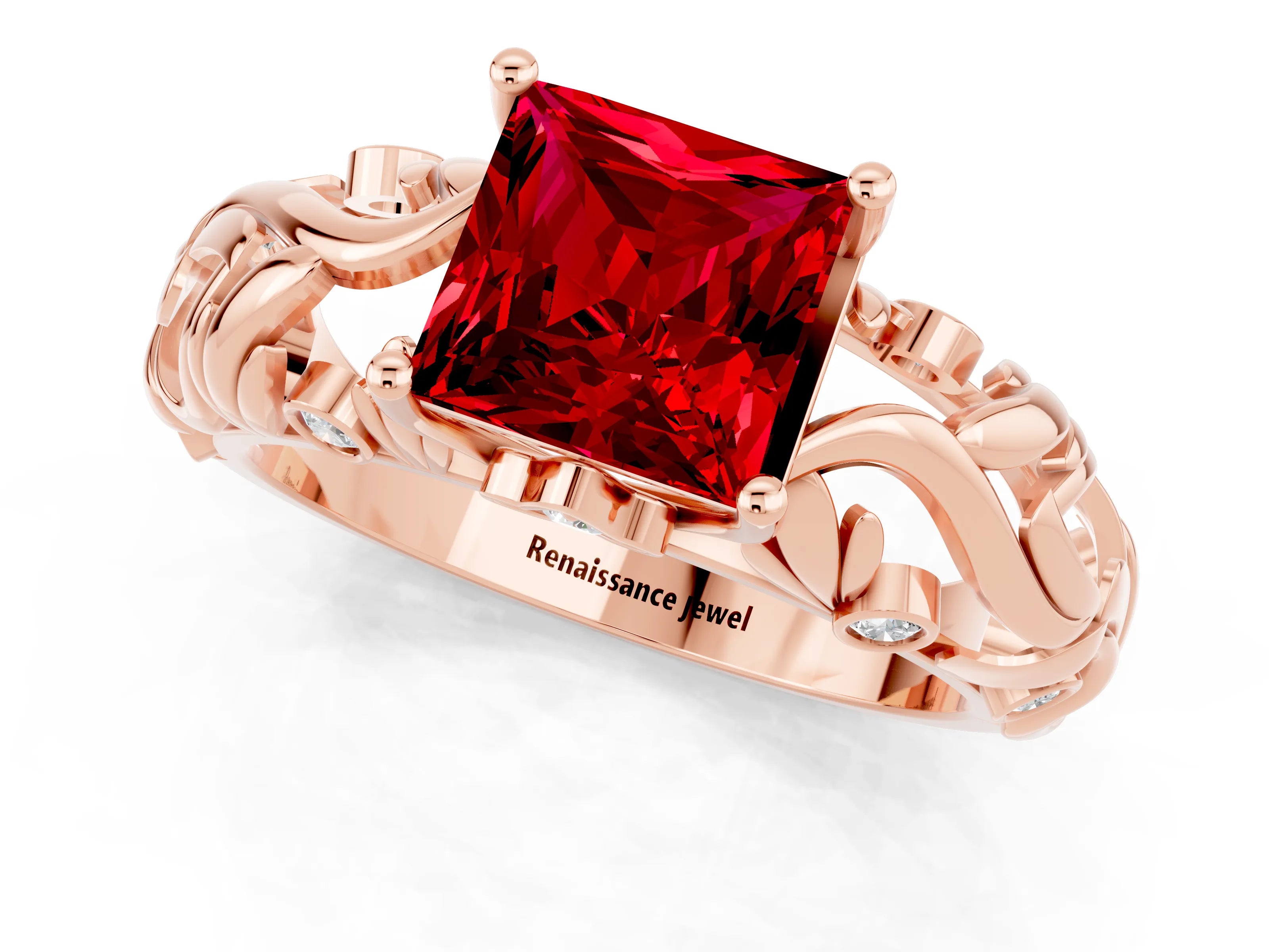 Rose gold Princess Cut Solitaire Ruby Leaf-Inspired Vine Band Ring with Prong Setting_1