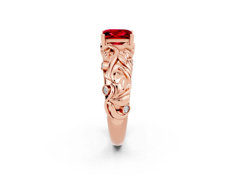 Rose gold Princess Cut Solitaire Ruby Leaf-Inspired Vine Band Ring with Prong Setting_2