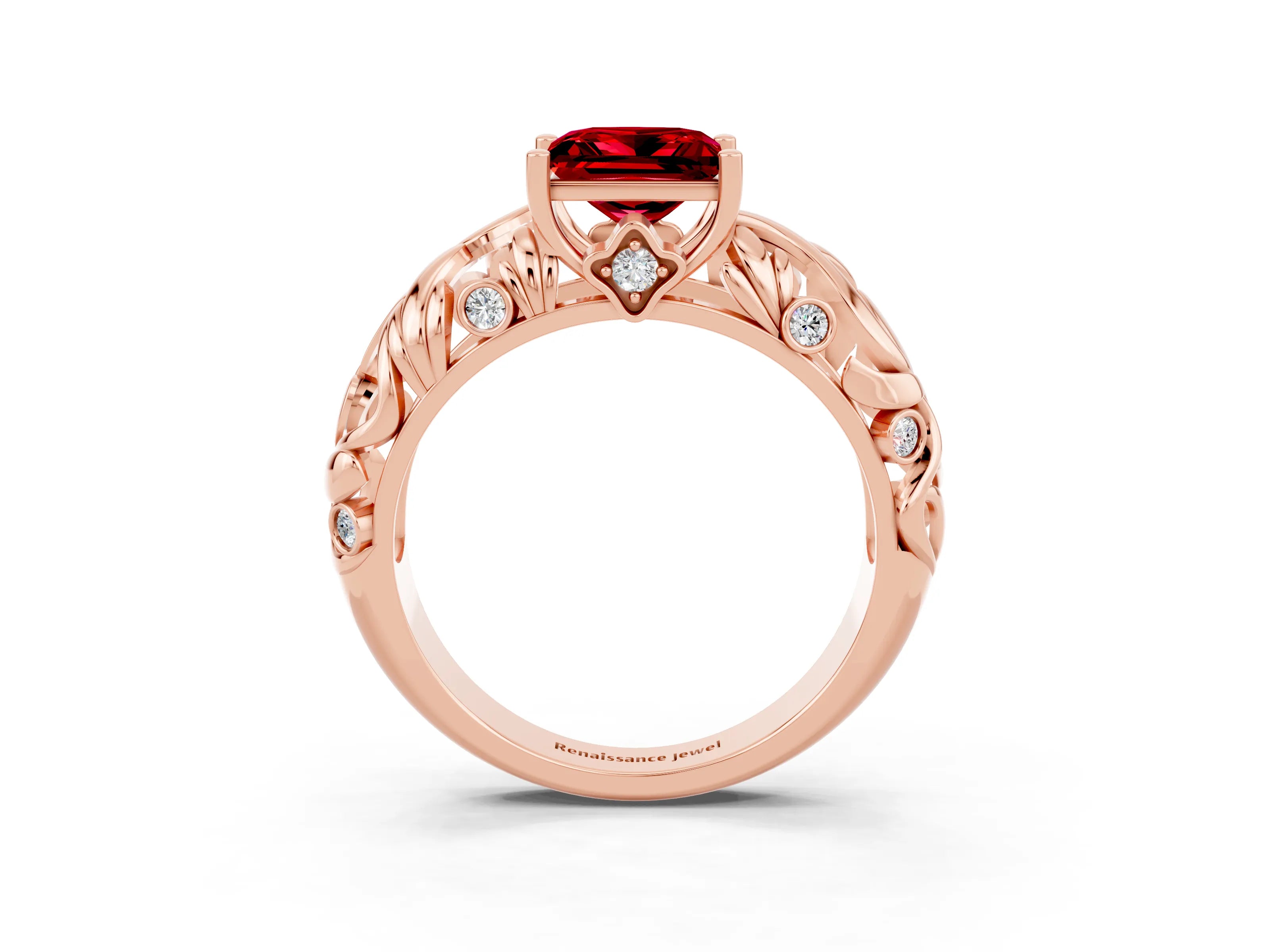 Rose gold Princess Cut Solitaire Ruby Leaf-Inspired Vine Band Ring with Prong Setting_3