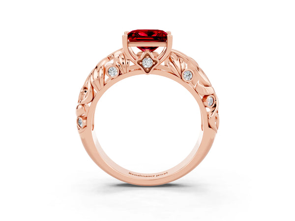 Rose gold Princess Cut Solitaire Ruby Leaf-Inspired Vine Band Ring with Prong Setting