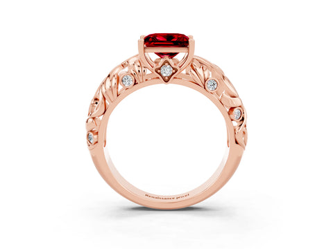 Rose gold Princess Cut Solitaire Ruby Leaf-Inspired Vine Band Ring with Prong Setting_3