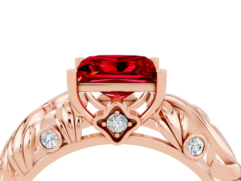 Rose gold Princess Cut Solitaire Ruby Leaf-Inspired Vine Band Ring with Prong Setting_4