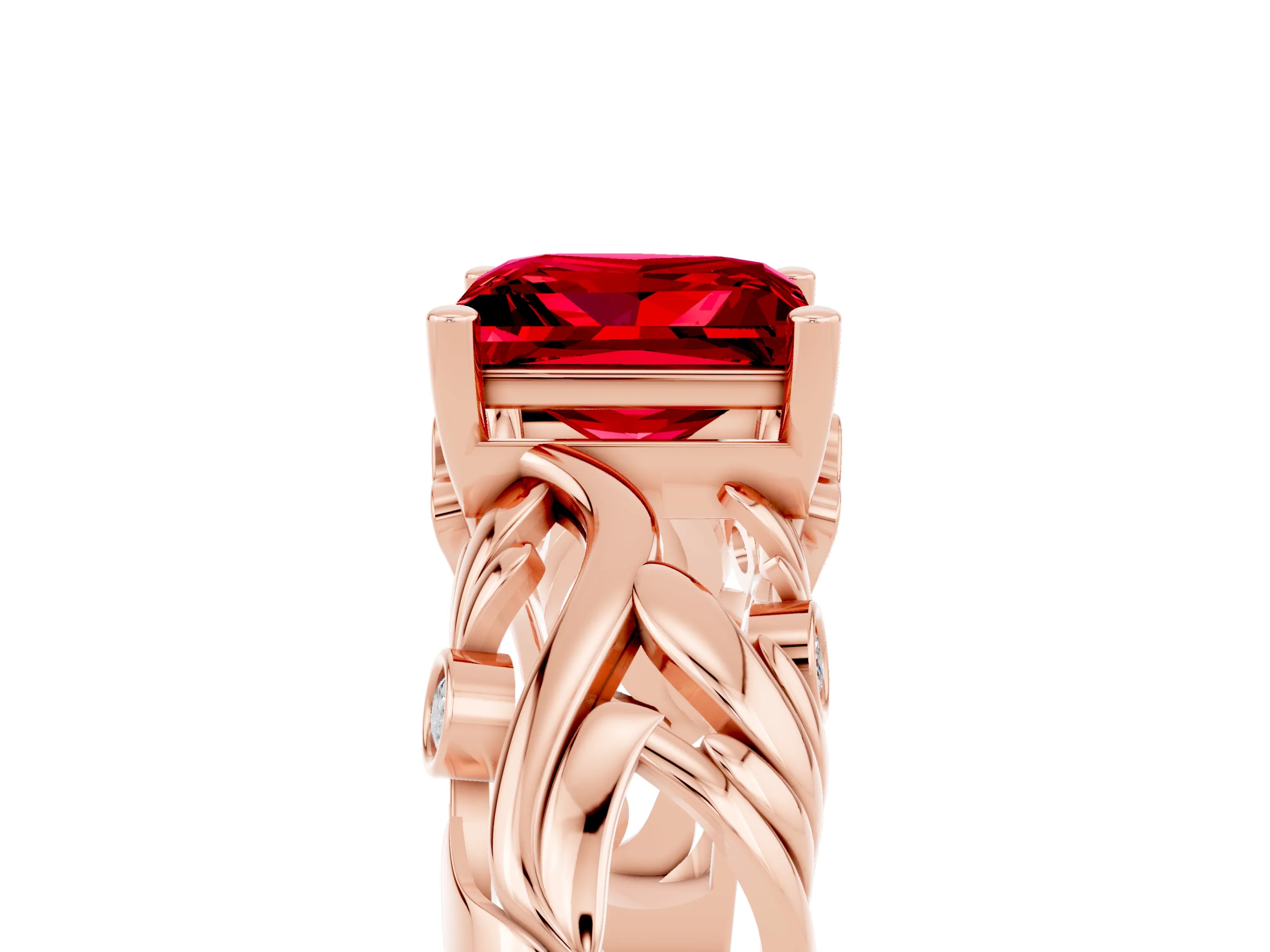 Rose gold Princess Cut Solitaire Ruby Leaf-Inspired Vine Band Ring with Prong Setting_5