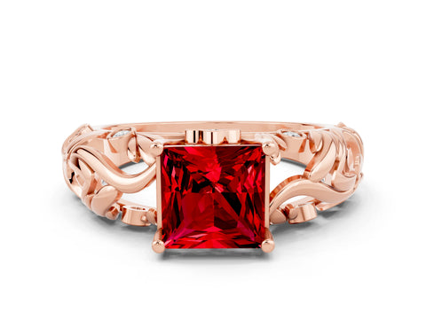Rose gold Princess Cut Solitaire Ruby Leaf-Inspired Vine Band Ring with Prong Setting