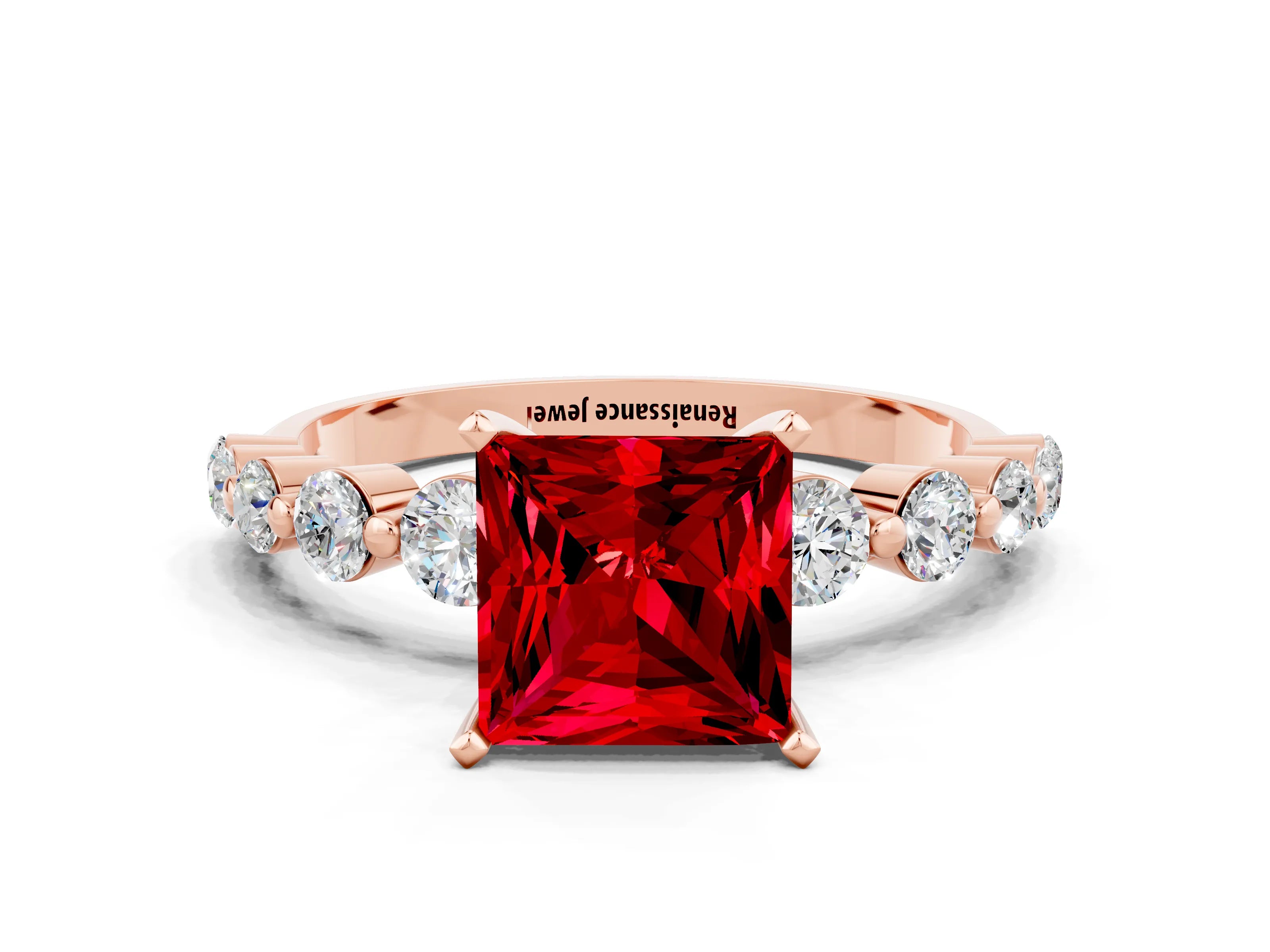 Rose gold Princess Cut Solitaire Ruby Ring with Pave Band and Four-Prong Setting