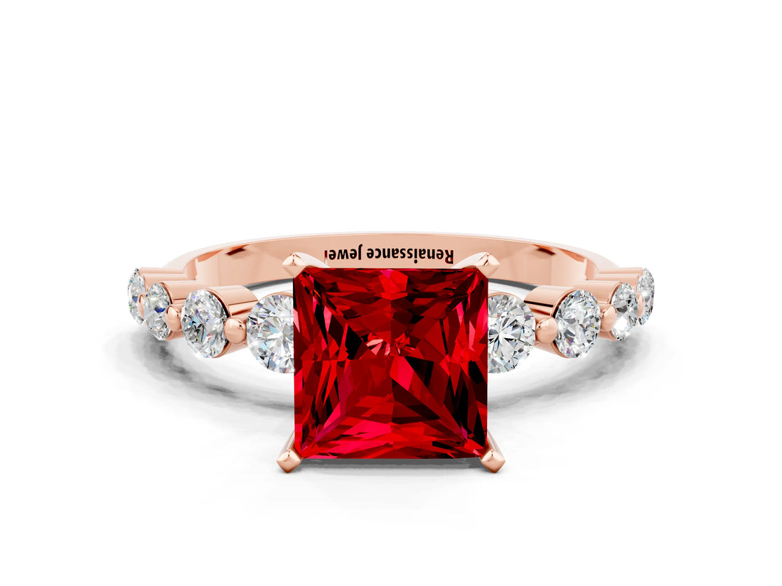Rose gold Princess Cut Solitaire Ruby Ring with Pave Band and Four-Prong Setting