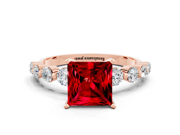 Rose gold Princess Cut Solitaire Ruby Ring with Pave Band and Four-Prong Setting