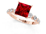 Rose gold Princess Cut Solitaire Ruby Ring with Pave Band and Four-Prong Setting_1