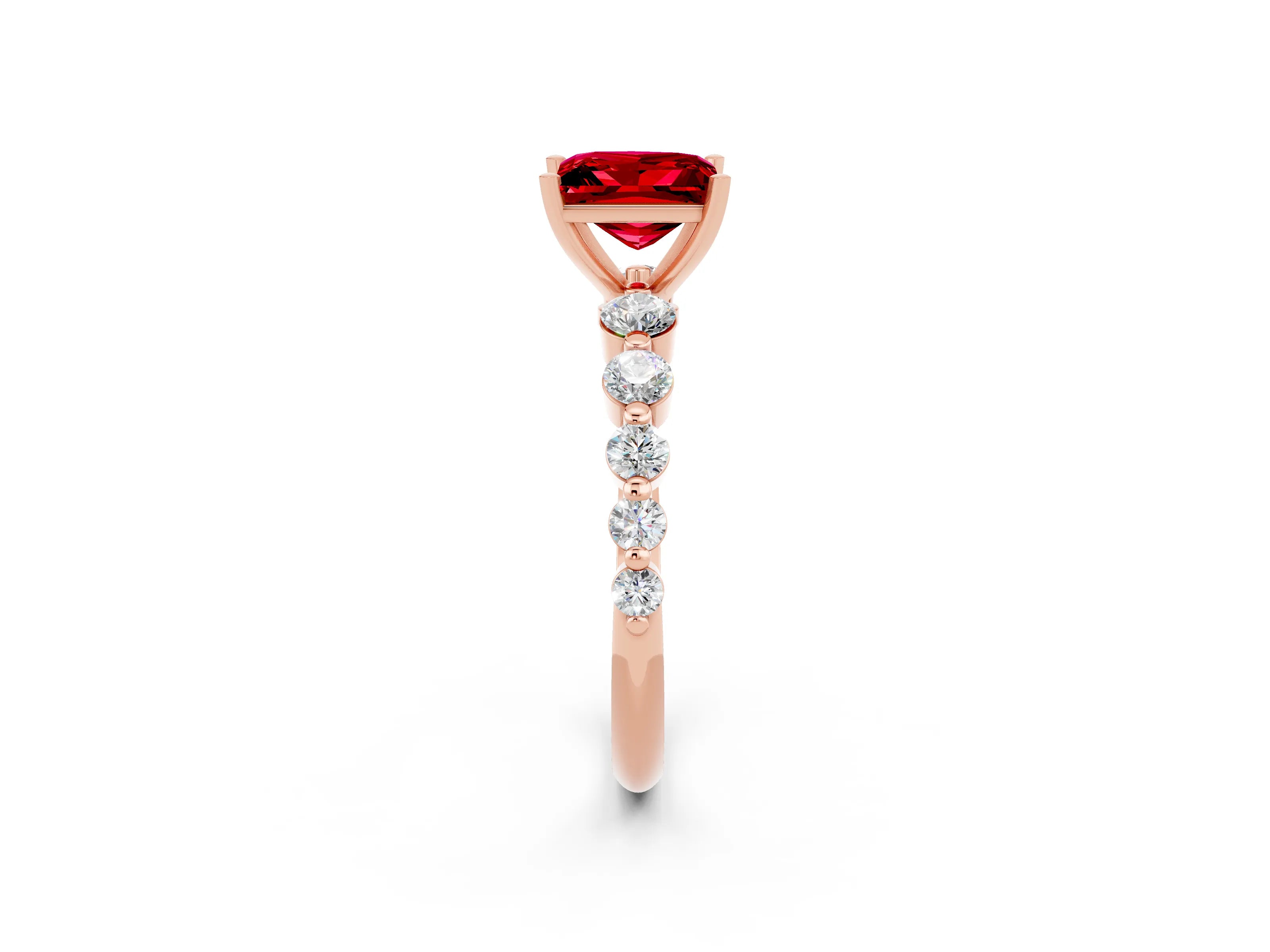 Rose gold Princess Cut Solitaire Ruby Ring with Pave Band and Four-Prong Setting_2