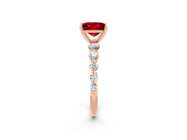 Rose gold Princess Cut Solitaire Ruby Ring with Pave Band and Four-Prong Setting