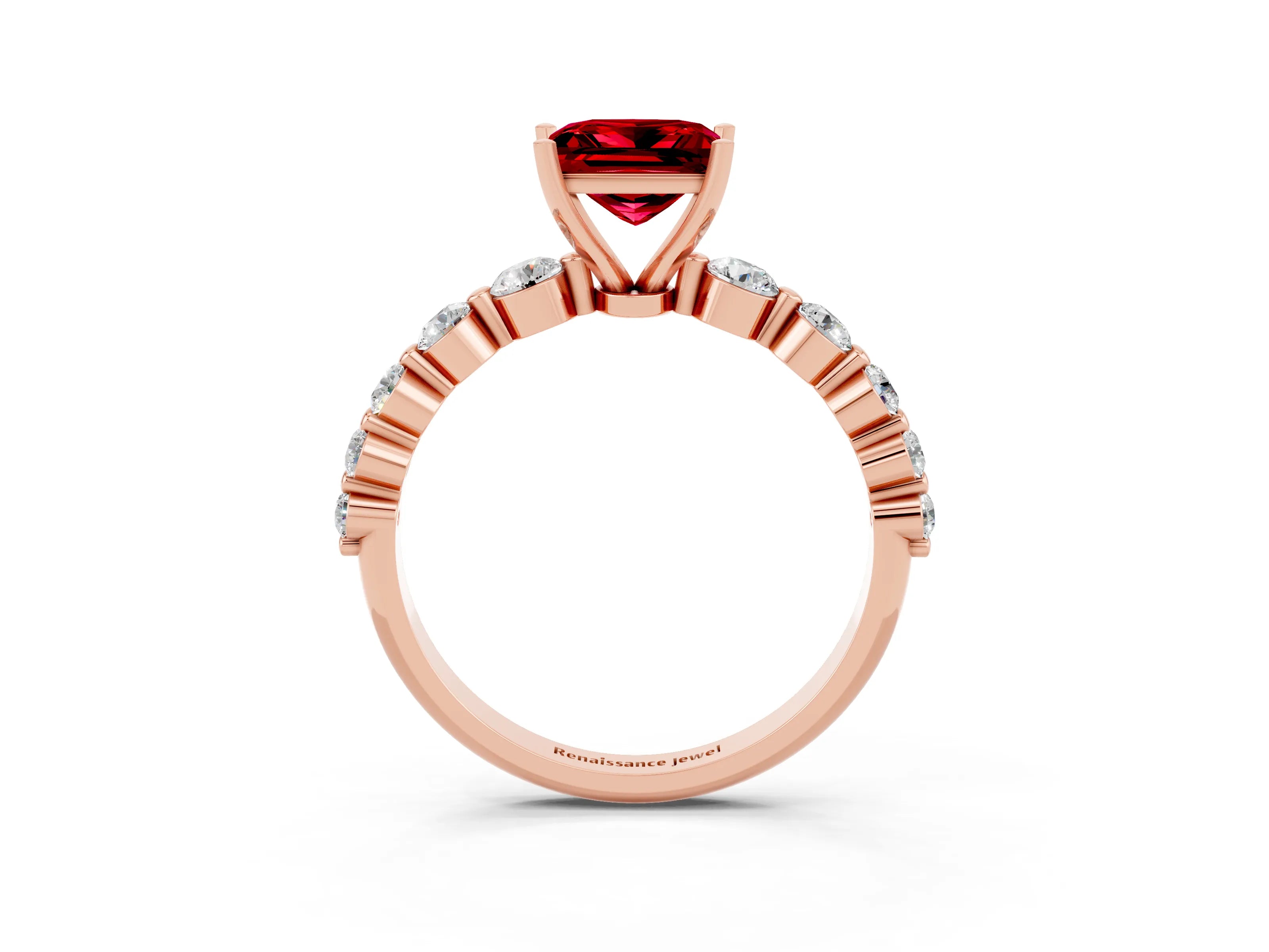 Rose gold Princess Cut Solitaire Ruby Ring with Pave Band and Four-Prong Setting_3