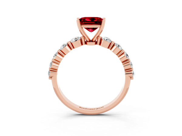 Rose gold Princess Cut Solitaire Ruby Ring with Pave Band and Four-Prong Setting
