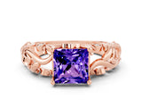 Rose gold Princess Cut Solitaire Tanzanite Leaf-Inspired Vine Band Ring with Prong Setting