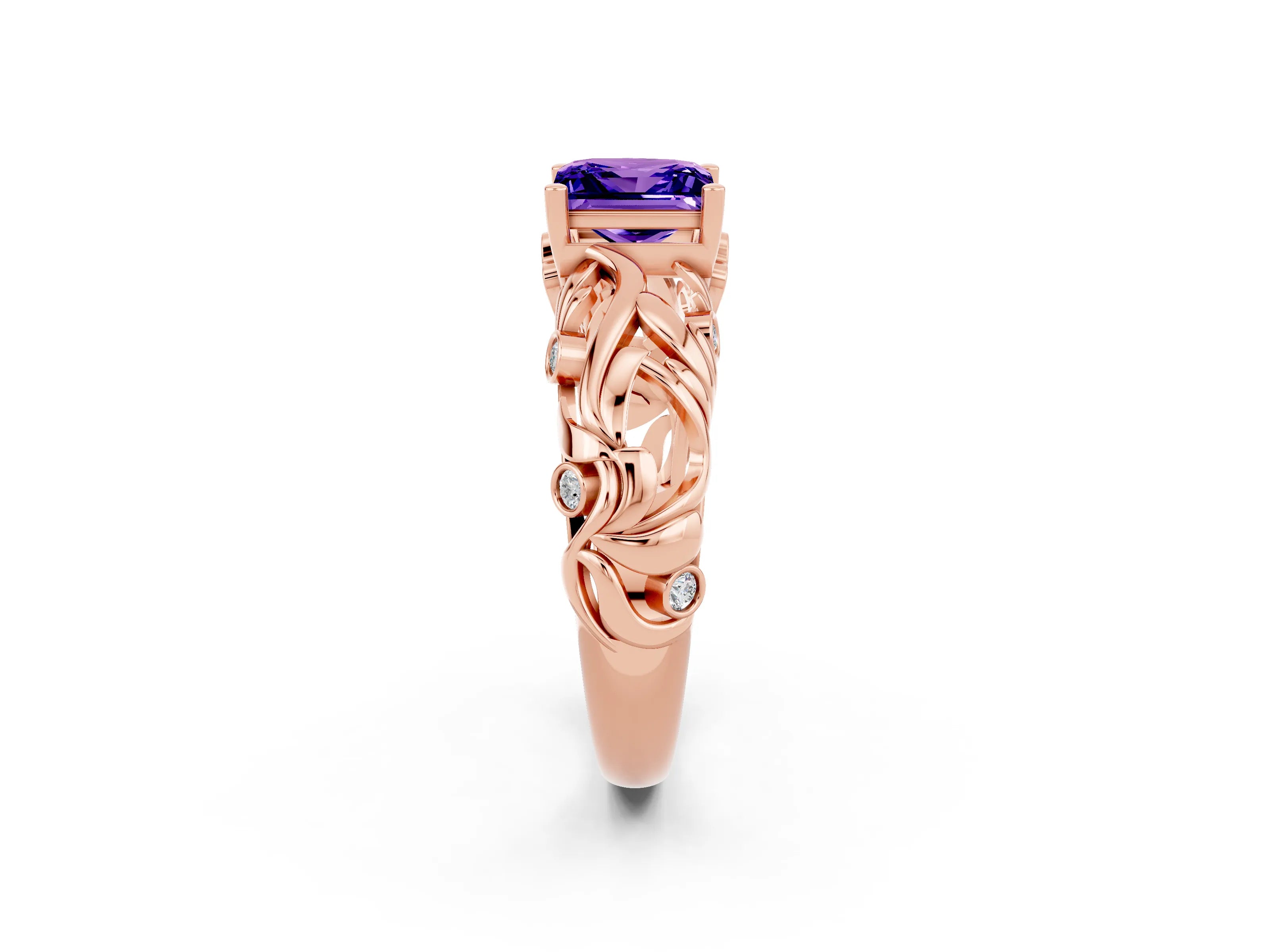Rose gold Princess Cut Solitaire Tanzanite Leaf-Inspired Vine Band Ring with Prong Setting_2