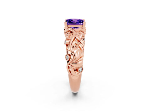 Rose gold Princess Cut Solitaire Tanzanite Leaf-Inspired Vine Band Ring with Prong Setting_2