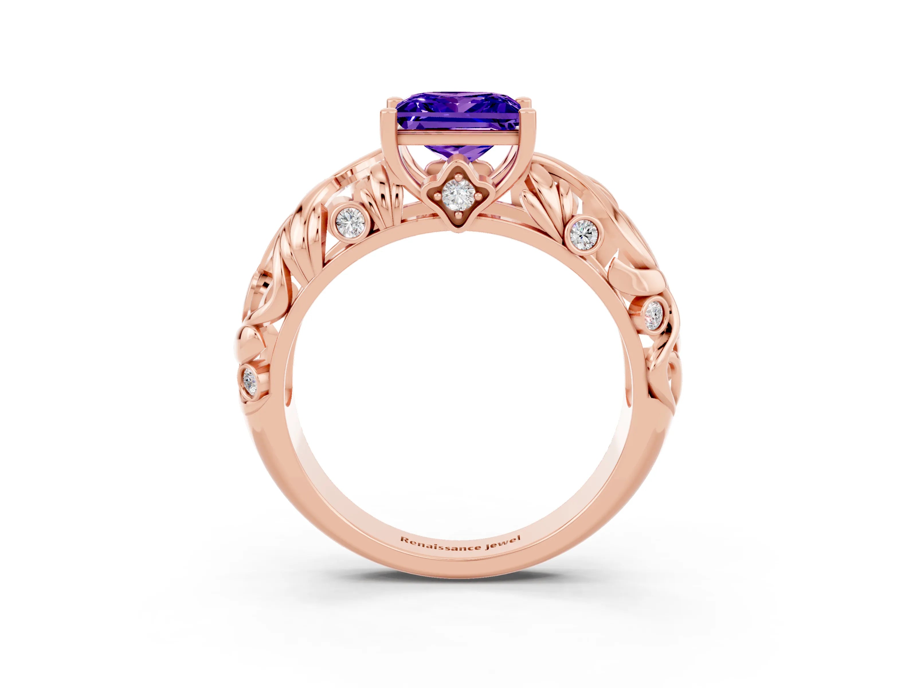 Rose gold Princess Cut Solitaire Tanzanite Leaf-Inspired Vine Band Ring with Prong Setting_3