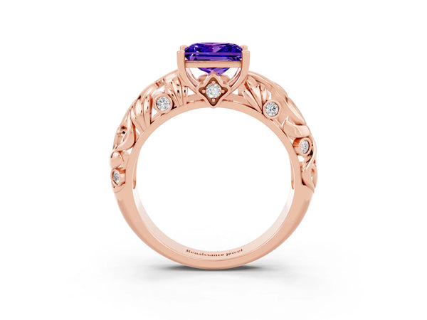 Rose gold Princess Cut Solitaire Tanzanite Leaf-Inspired Vine Band Ring with Prong Setting