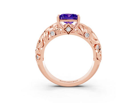 Rose gold Princess Cut Solitaire Tanzanite Leaf-Inspired Vine Band Ring with Prong Setting_3