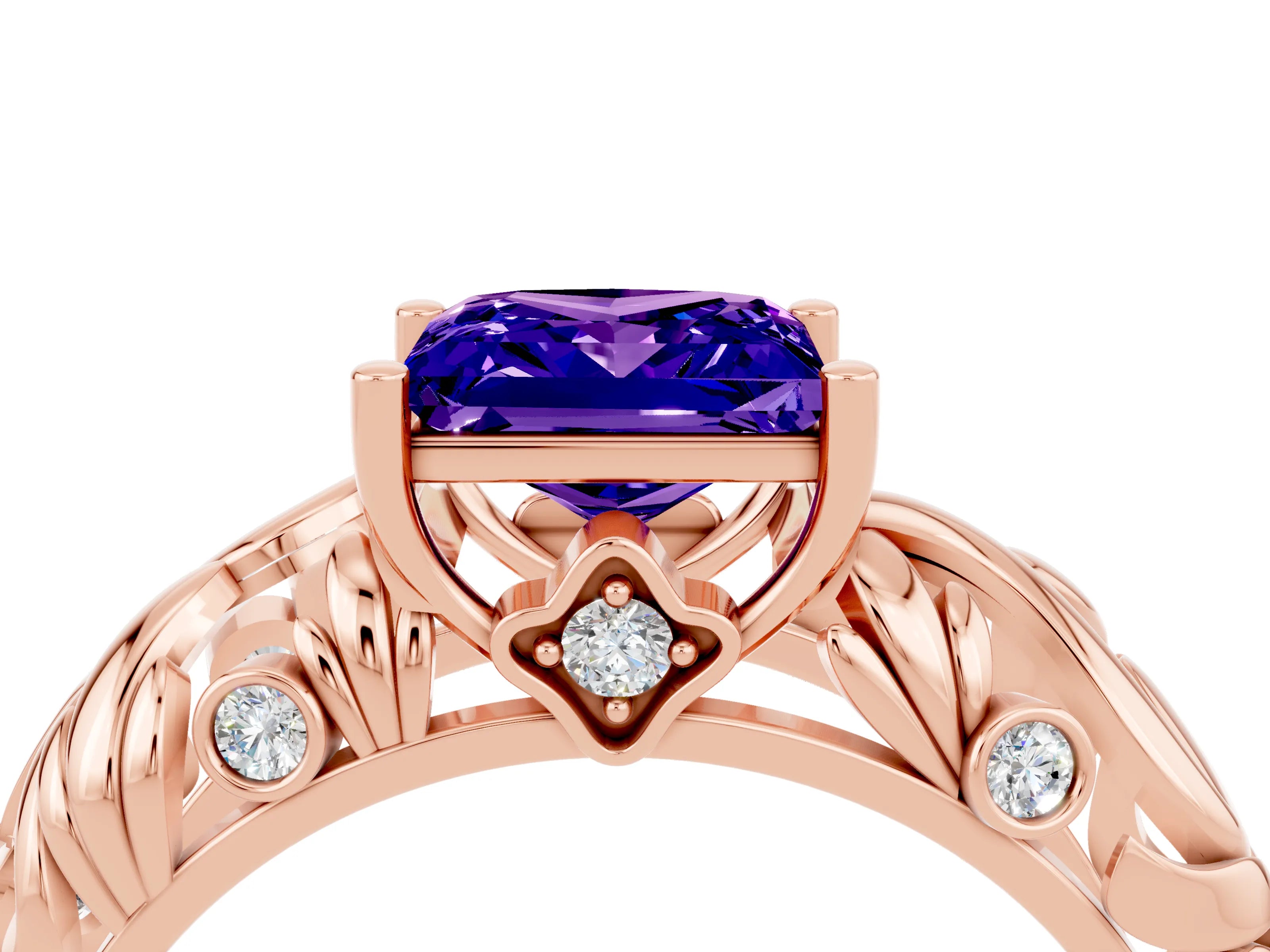 Rose gold Princess Cut Solitaire Tanzanite Leaf-Inspired Vine Band Ring with Prong Setting_4