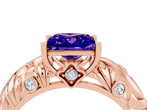 Rose gold Princess Cut Solitaire Tanzanite Leaf-Inspired Vine Band Ring with Prong Setting_4