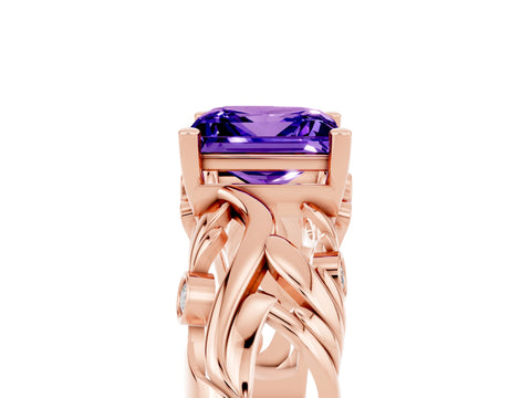 Rose gold Princess Cut Solitaire Tanzanite Leaf-Inspired Vine Band Ring with Prong Setting_5