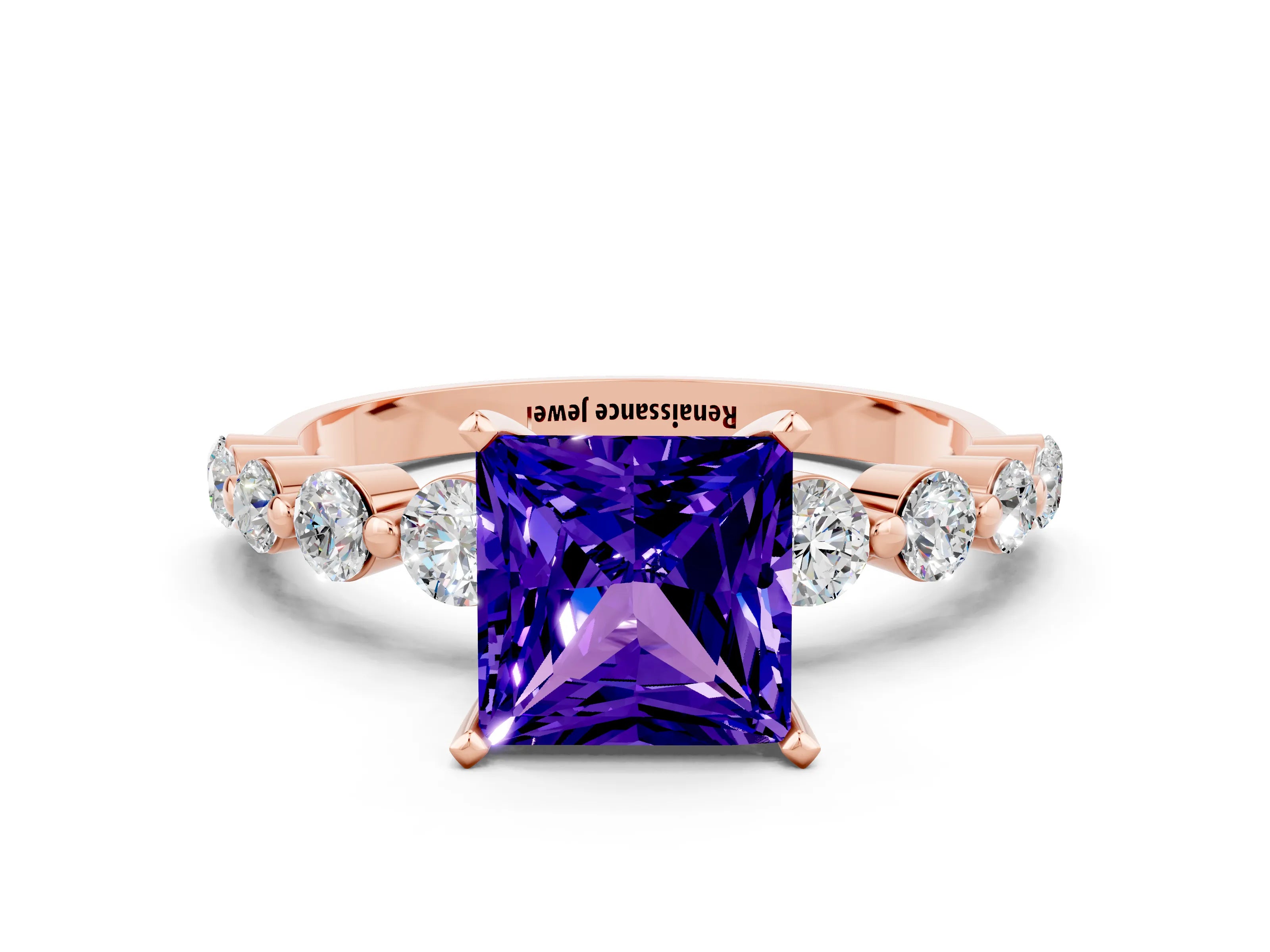 Rose gold Princess Cut Solitaire Tanzanite Ring with Pave Band and Four-Prong Setting