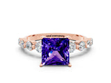 Rose gold Princess Cut Solitaire Tanzanite Ring with Pave Band and Four-Prong Setting