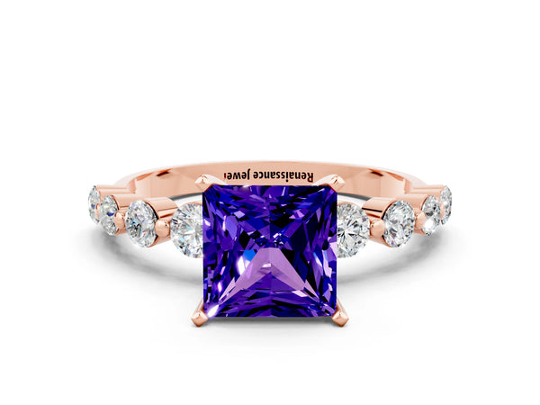 Rose gold Princess Cut Solitaire Tanzanite Ring with Pave Band and Four-Prong Setting