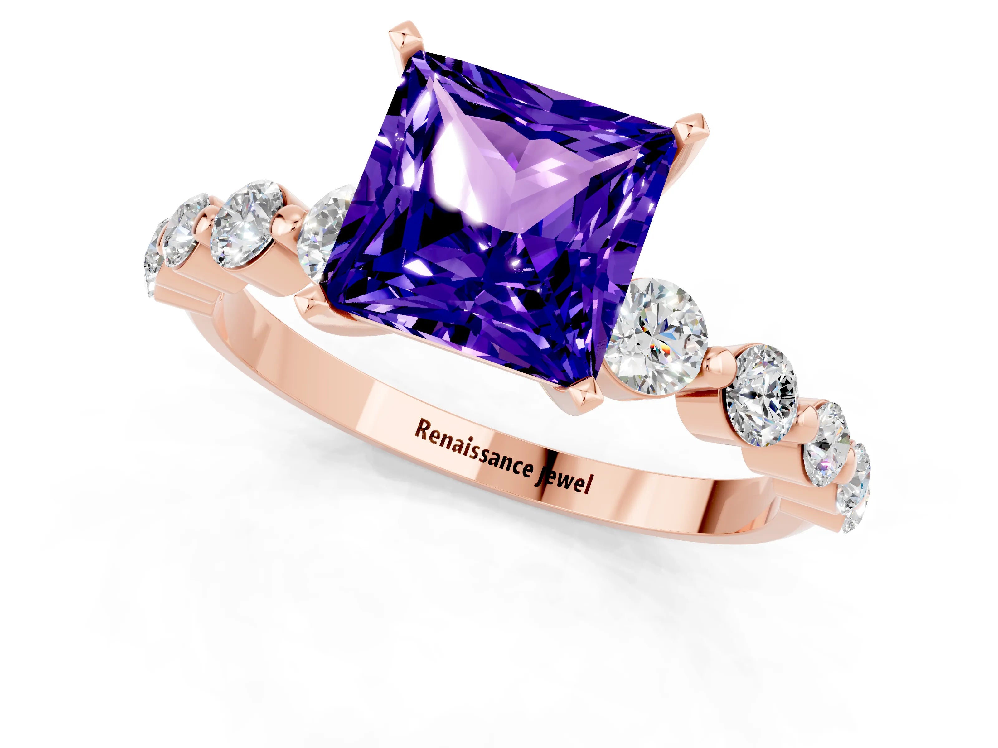 Rose gold Princess Cut Solitaire Tanzanite Ring with Pave Band and Four-Prong Setting_1