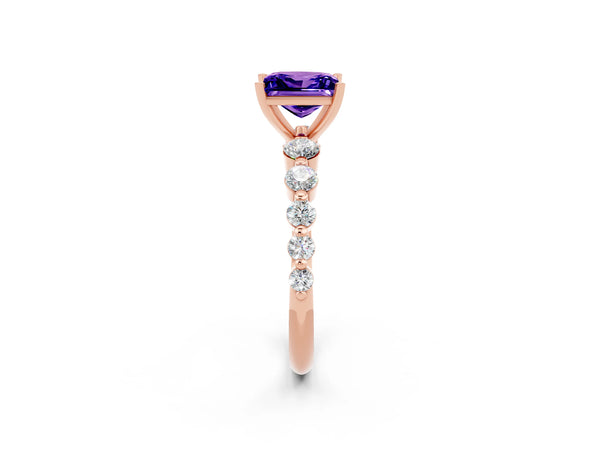 Rose gold Princess Cut Solitaire Tanzanite Ring with Pave Band and Four-Prong Setting