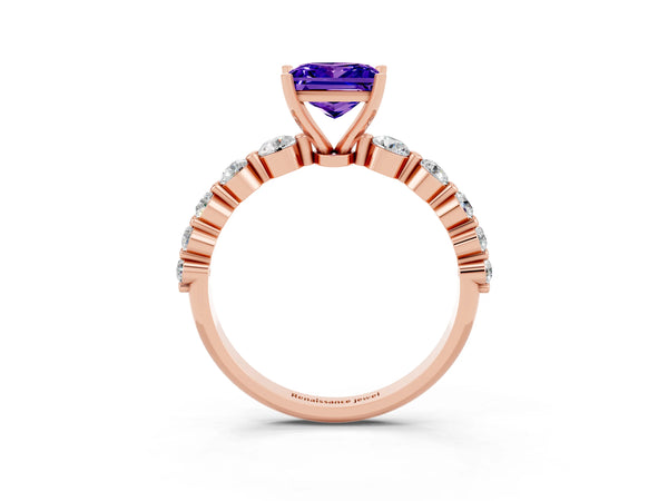 Rose gold Princess Cut Solitaire Tanzanite Ring with Pave Band and Four-Prong Setting