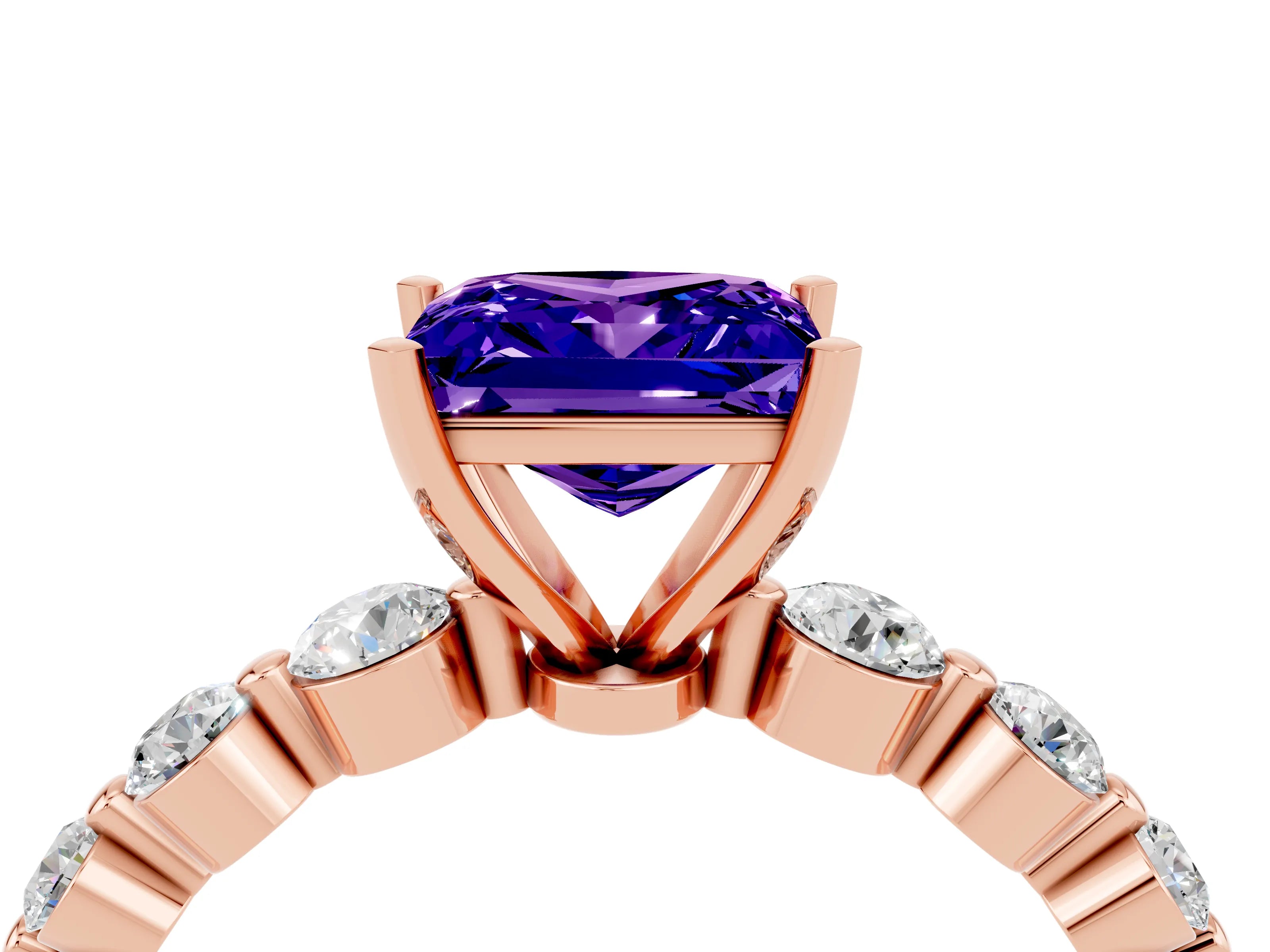 Rose gold Princess Cut Solitaire Tanzanite Ring with Pave Band and Four-Prong Setting_4