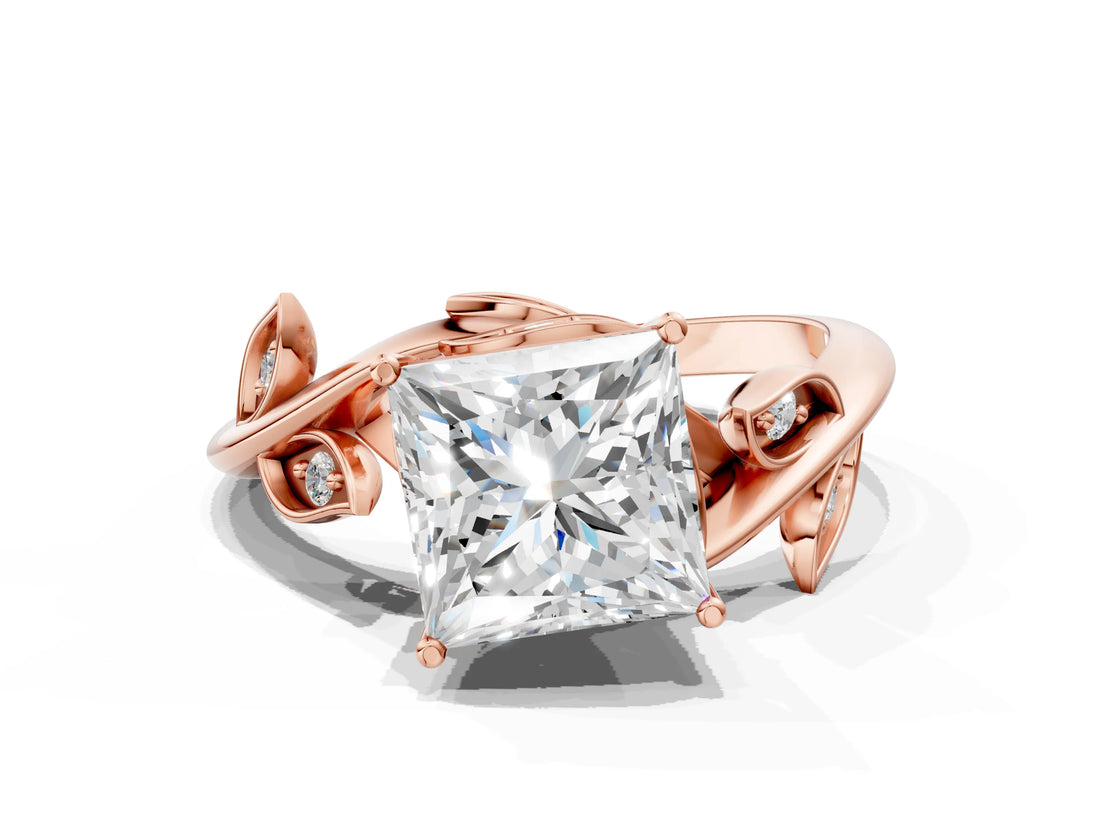 Rose gold Princess Cut Solitaire Twist Engagement Ring with Leaf Accents and Prong Setting_15