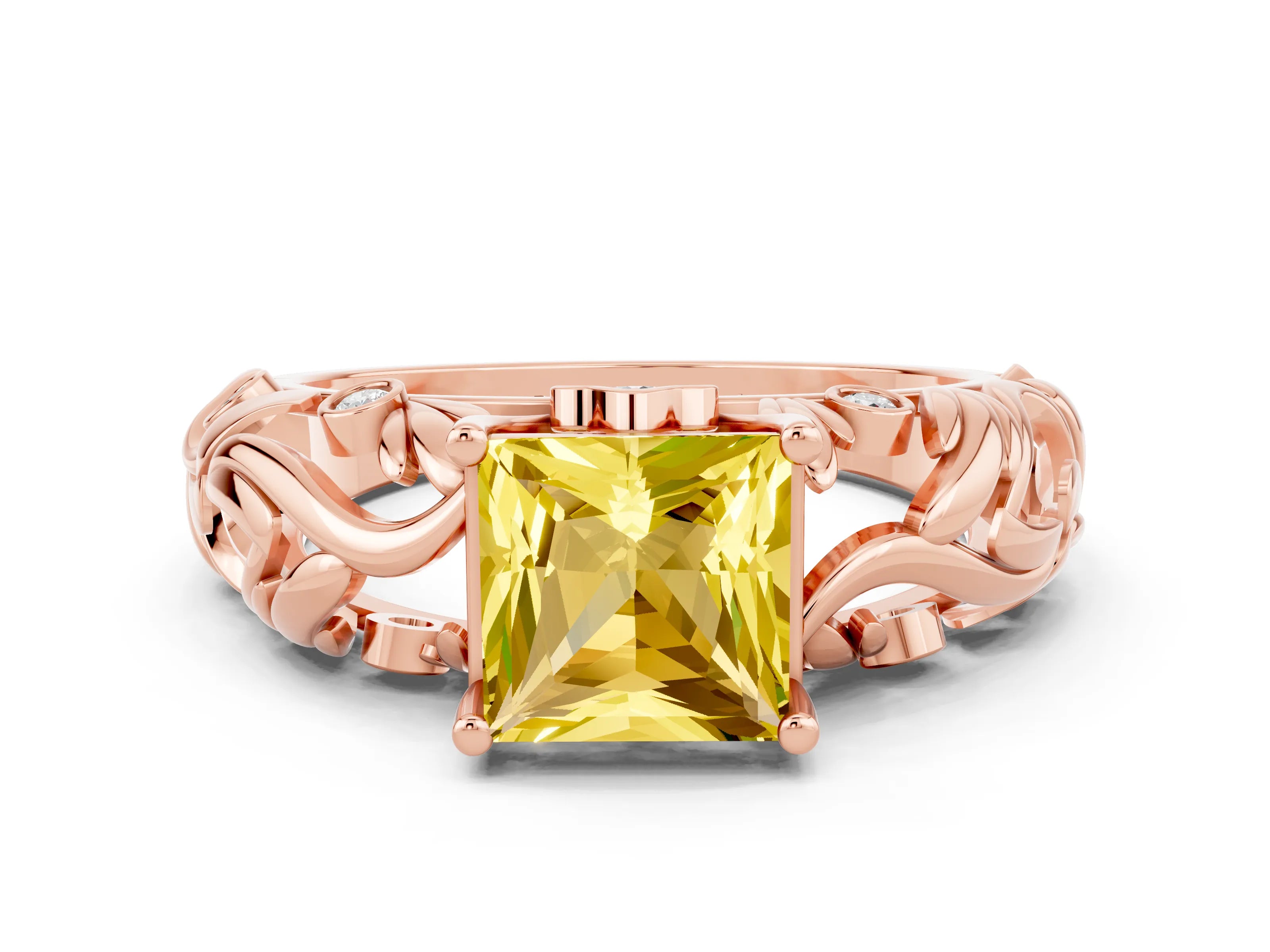 Rose gold Princess Cut Solitaire Yellow Sapphire Leaf-Inspired Vine Band Ring with Prong Setting_24
