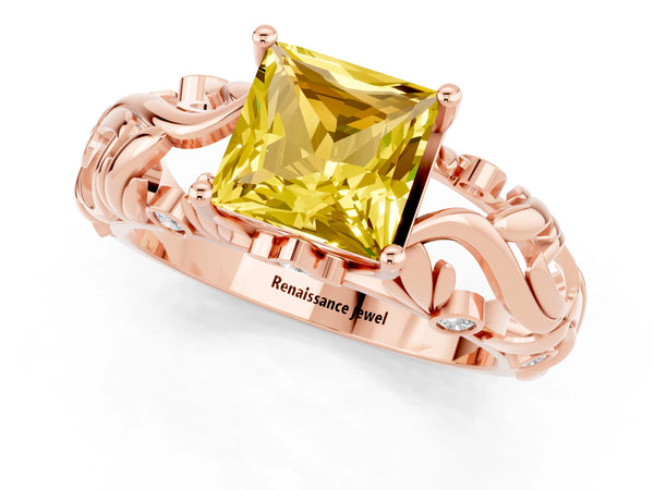 Rose gold Princess Cut Solitaire Yellow Sapphire Leaf-Inspired Vine Band Ring with Prong Setting
